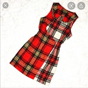 Princess Vera Wang red plaid, gold sequin dress.